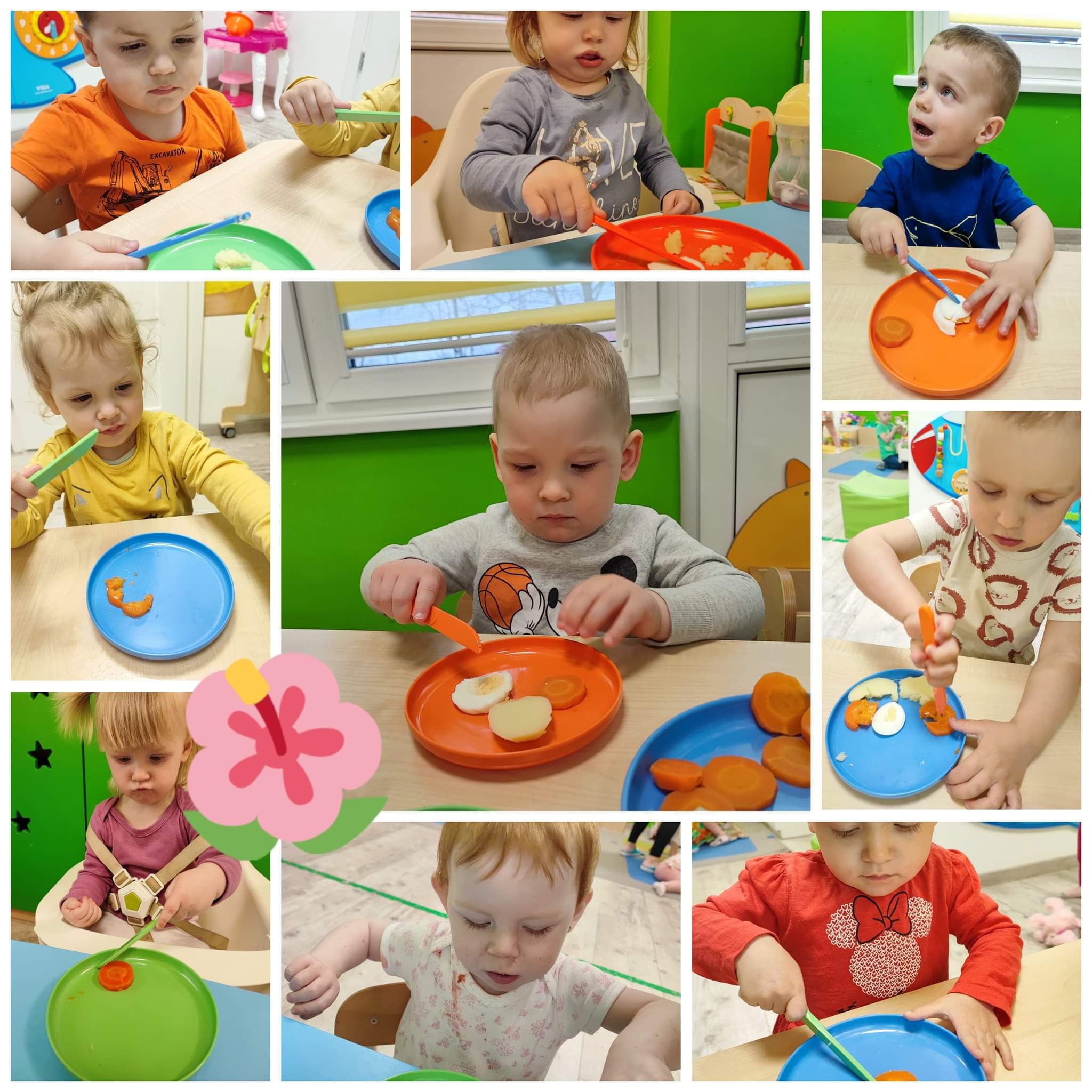 Montaż kolażu: Dzieci w różnym wieku, siedzące przy stołach i ćwiczące samodzielne jedzenie, używając plastikowych sztućców i talerzy z kawałkami warzyw i jajek.
