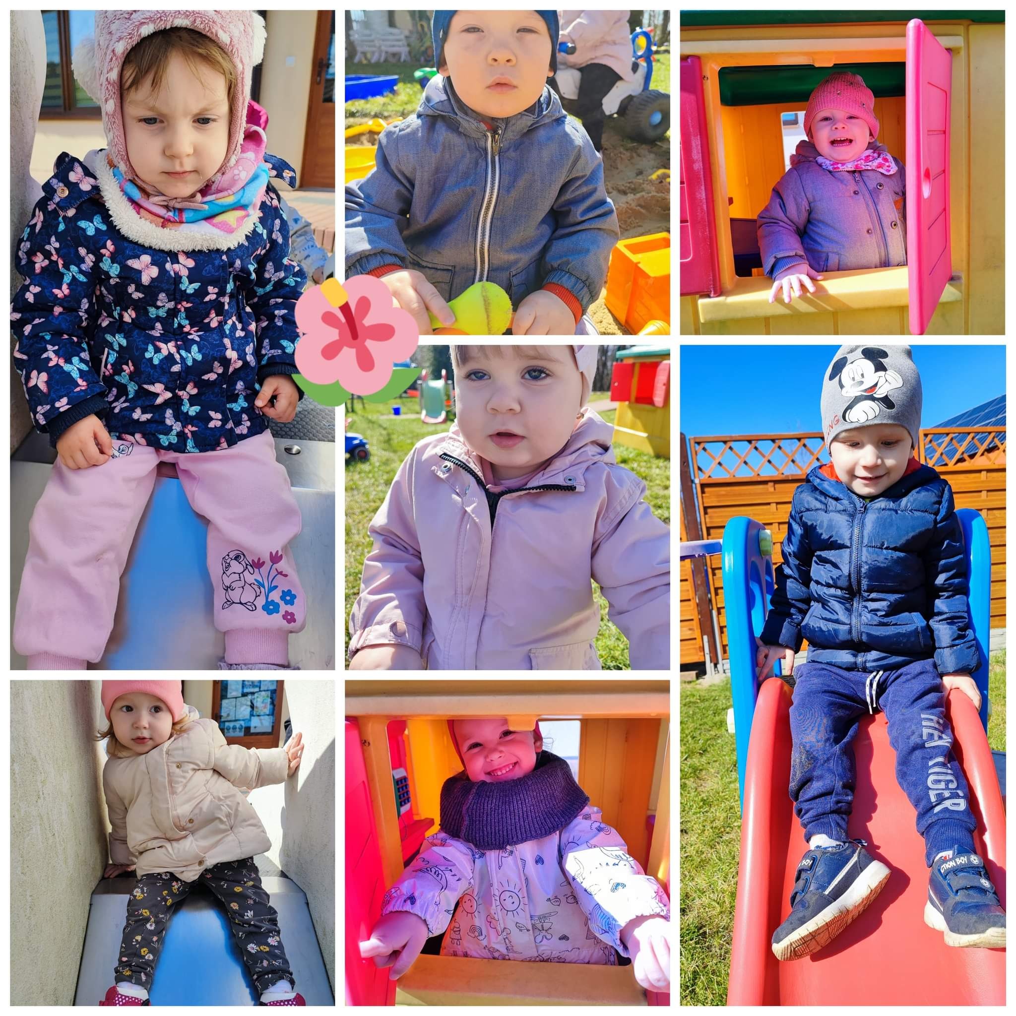 Kolaż zdjęć dzieci bawiących się na zewnątrz: dziewczynka w kurtce w motyle, chłopiec z zabawką, uśmiechnięta dziewczynka w domku, dziecko na zjeżdżalni, zbliżenie na twarz dziecka w różowej kurtce.