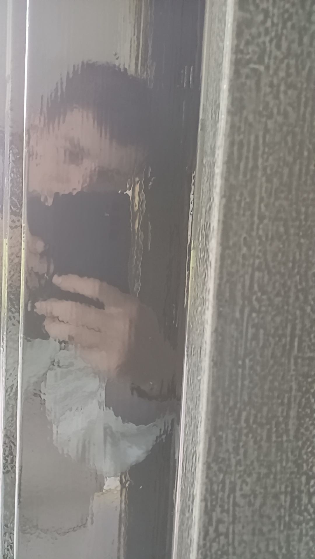 Zamazane odbicie osoby w szybie drzwi, widoczne dłonie i fragment twarzy, szare ramy drzwi.