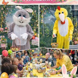 BAWEO BARBARA WÓJCIK - Wielkanocne animacje dla dzieci: królik i kurczak w kostiumach, warsztaty malowania jajek z animatorką. Radosna atmosfera zabawy i kreatywności.