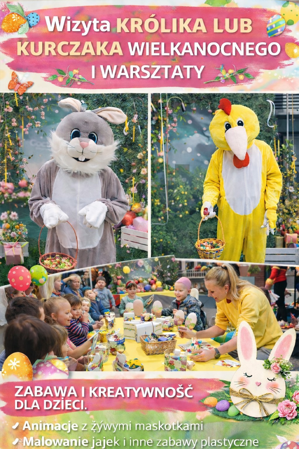 Wielkanocne animacje dla dzieci: królik i kurczak w kostiumach, warsztaty malowania jajek z animatorką. Radosna atmosfera zabawy i kreatywności.