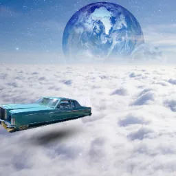 Turkusowy, klasyczny samochód unoszący się nad chmurami z widokiem na Ziemię i Księżyc w tle, surrealistyczna kompozycja.