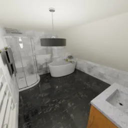 Wizualizacja łazienki na poddaszu z czarną marmurową podłogą, białą wanną wolnostojącą, kabiną prysznicową i umywalką z szarą marmurową płytą.