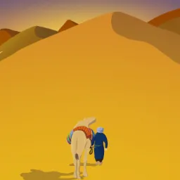 Ilustracja: Beduin prowadzi wielbłąda przez piaszczystą pustynię pod zachodzącym słońcem, z widocznymi wydmami na horyzoncie.