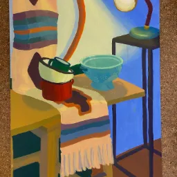 Akrylowa martwa natura z Kobyłki: lampka biurkowa oświetla miski i naczynia ustawione na stole przy oknie, całość w geometrycznym stylu.