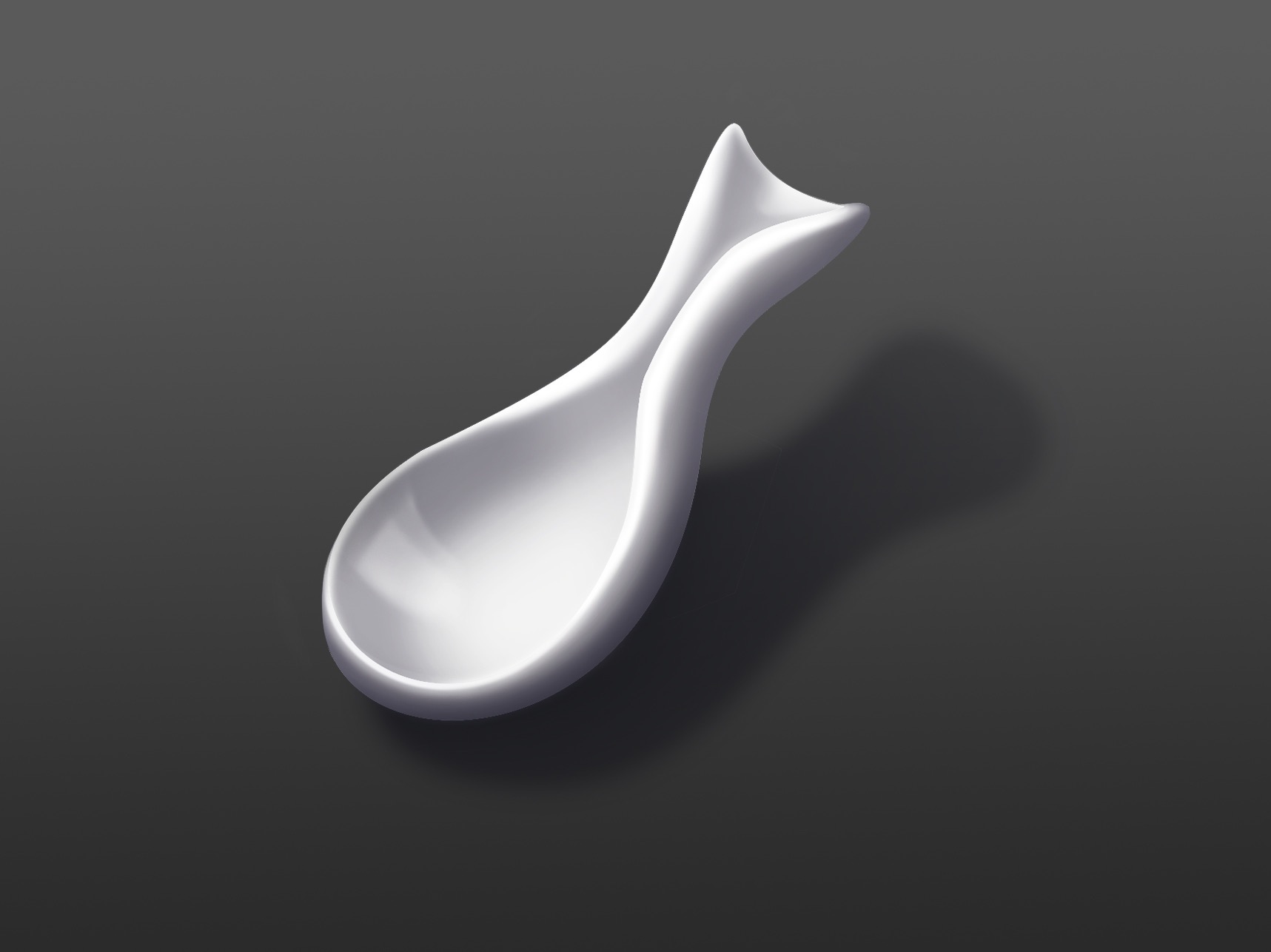 Elegancka, biała łyżeczka o futurystycznym kształcie, leżąca na gładkim, szarym tle z subtelnym cieniowaniem.