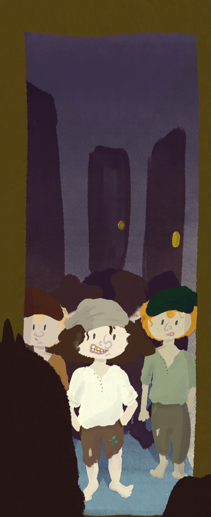 Ilustracja cyfrowa przedstawiająca trzech chłopców w kapeluszach, stojących na tle ciemnego, miejskiego pejzażu z oświetlonymi oknami, w stylu przypominającym bajkę lub opowieść fantasy.