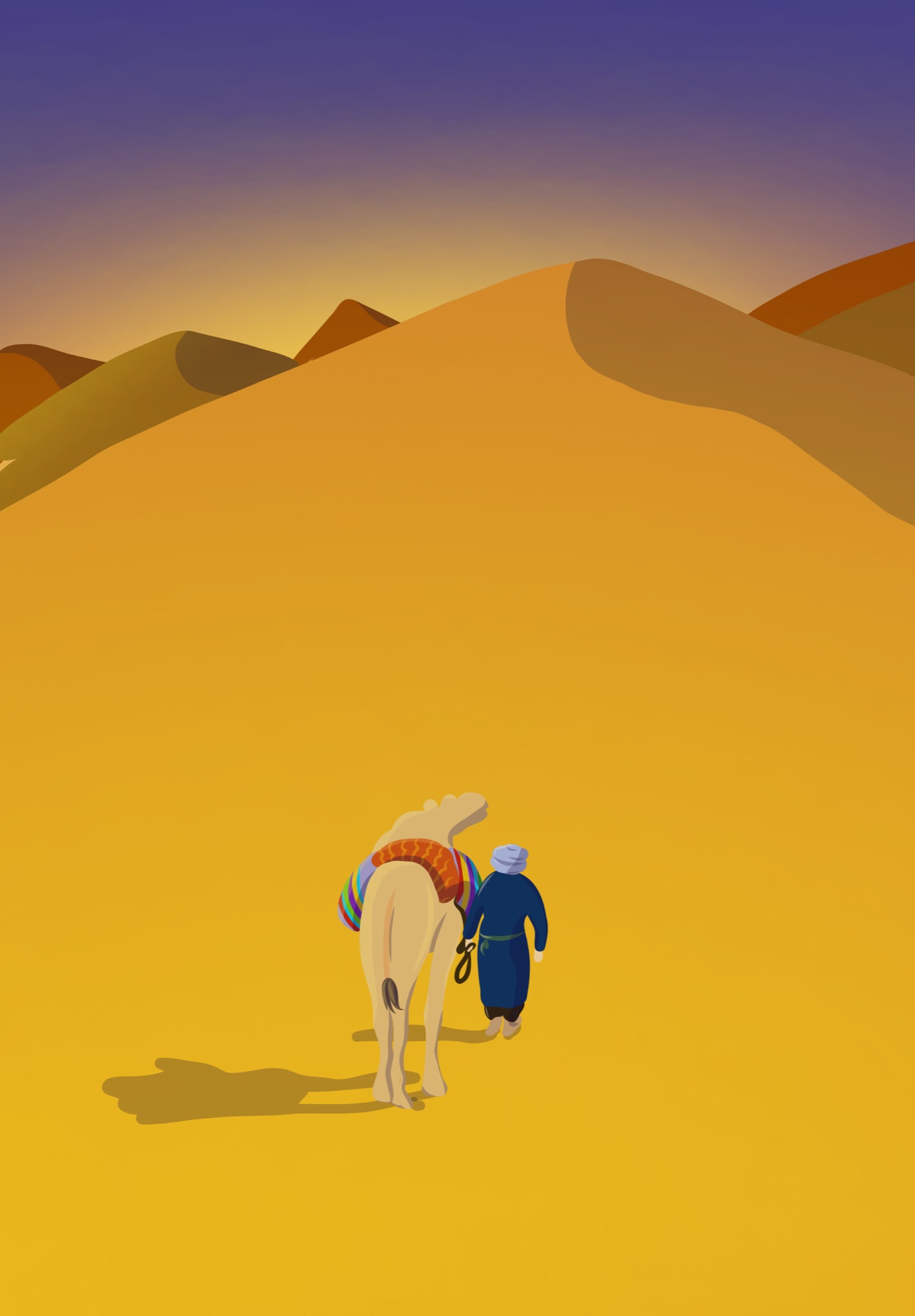 Ilustracja: Beduin prowadzi wielbłąda przez piaszczystą pustynię pod zachodzącym słońcem, z widocznymi wydmami na horyzoncie.