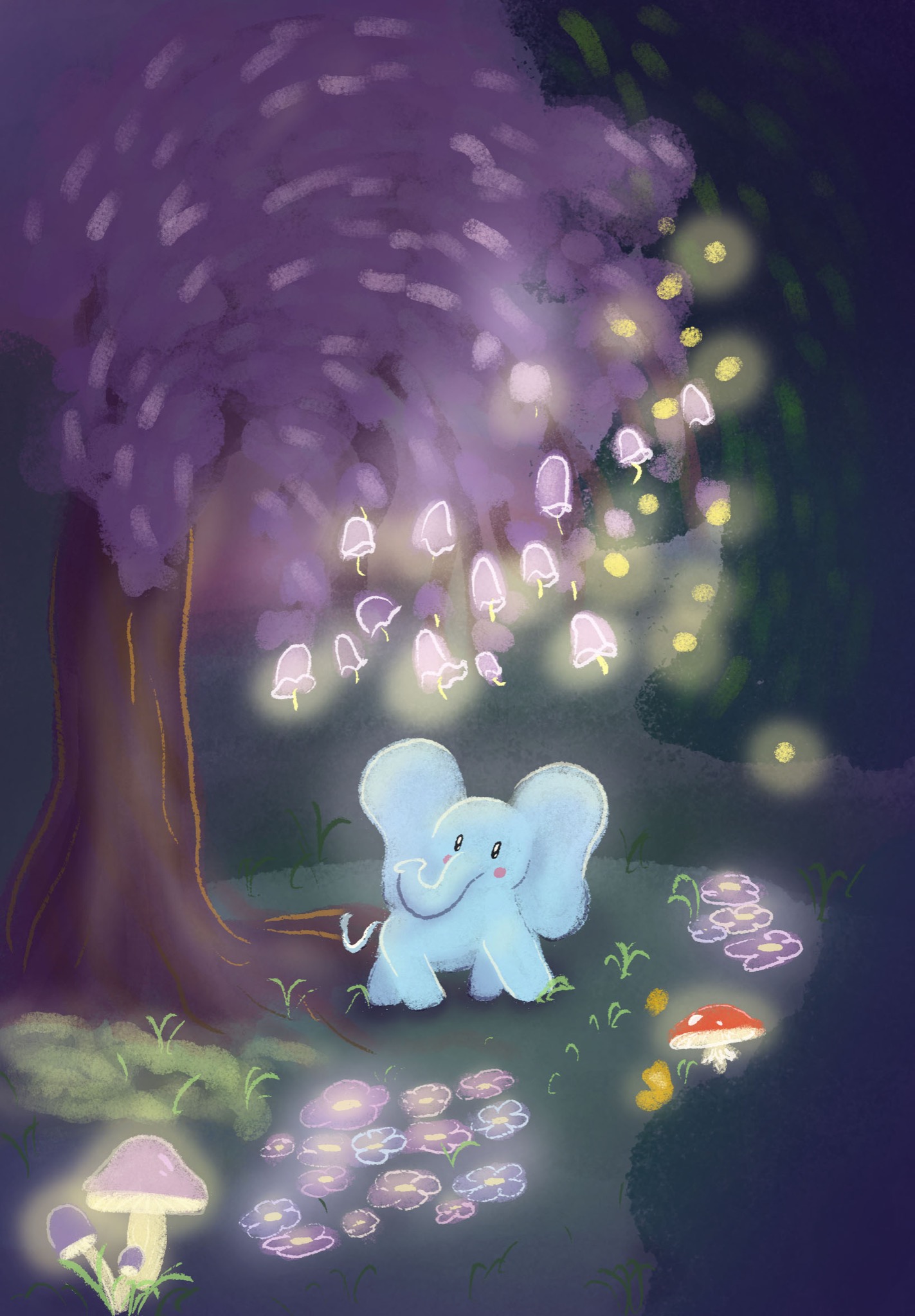 Ilustracja cyfrowa przedstawiająca stylizowanego, błękitnego słonia w magicznym lesie z fioletowym drzewem, świecącymi grzybami i kwiatami, w ciemnej tonacji.