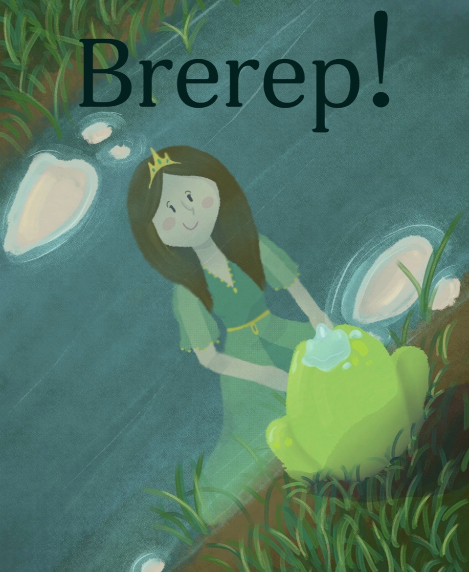 Ilustracja cyfrowa: Księżniczka w zielonej sukni pochyla się nad świecącą żabą w stawie, otoczona trawą, z napisem 'Brerep!' u góry.