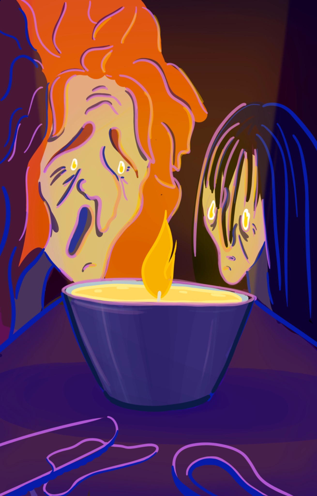 Ilustracja cyfrowa przedstawiająca dwie postacie o wyrazistych emocjach, spoglądające na płonącą świecę w miseczce, zarysowane dłonie w dolnej części kadru, utrzymana w ciemnej, nastrojowej...