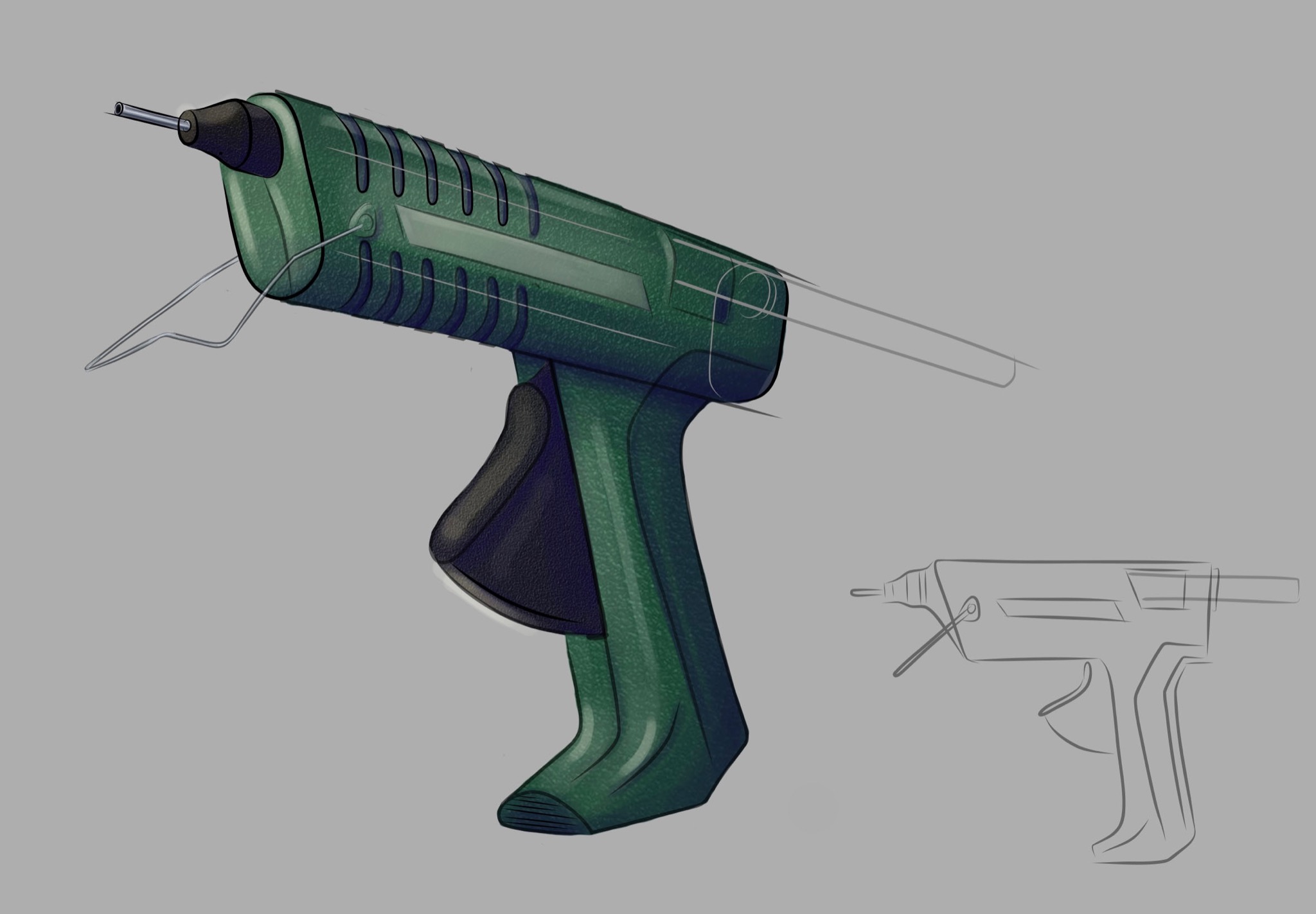 Ilustracja pistoletu do kleju na gorąco z wkładem, z dodatkowym szkicem konturowym w tle, prezentująca wizualizację narzędzia.