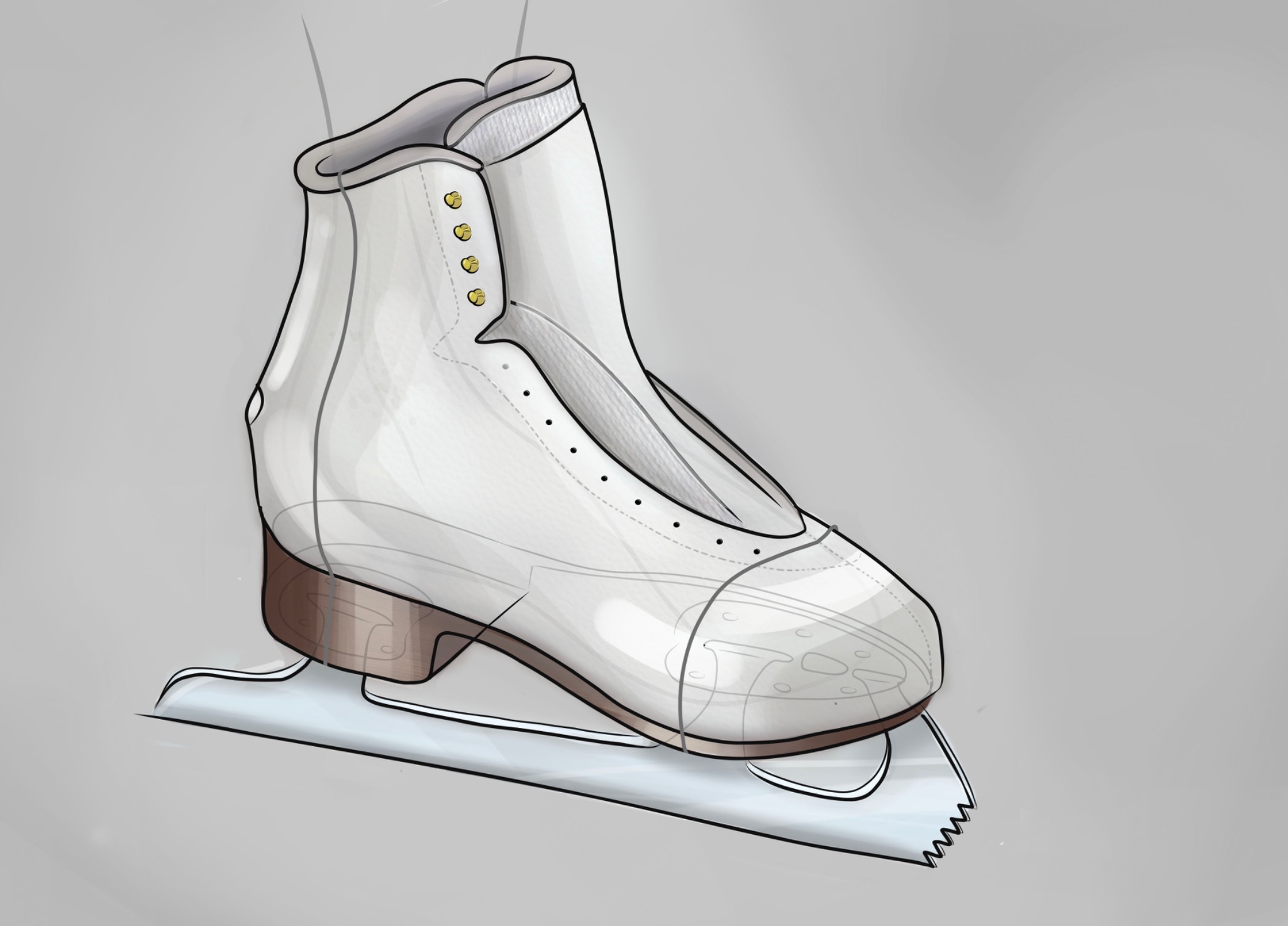 Ilustracja pojedynczego białego łyżwy figurowej z brązowymi akcentami, widoczne złote oczka na sznurowadła, na szarym tle.