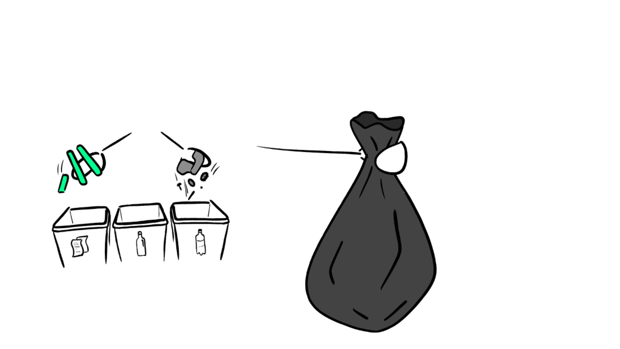 Ilustracja przedstawia proces segregacji odpadów: trzy pojemniki z symbolami (papier, plastik, szkło) i wrzucane do nich odpady, obok czarny worek na śmieci.