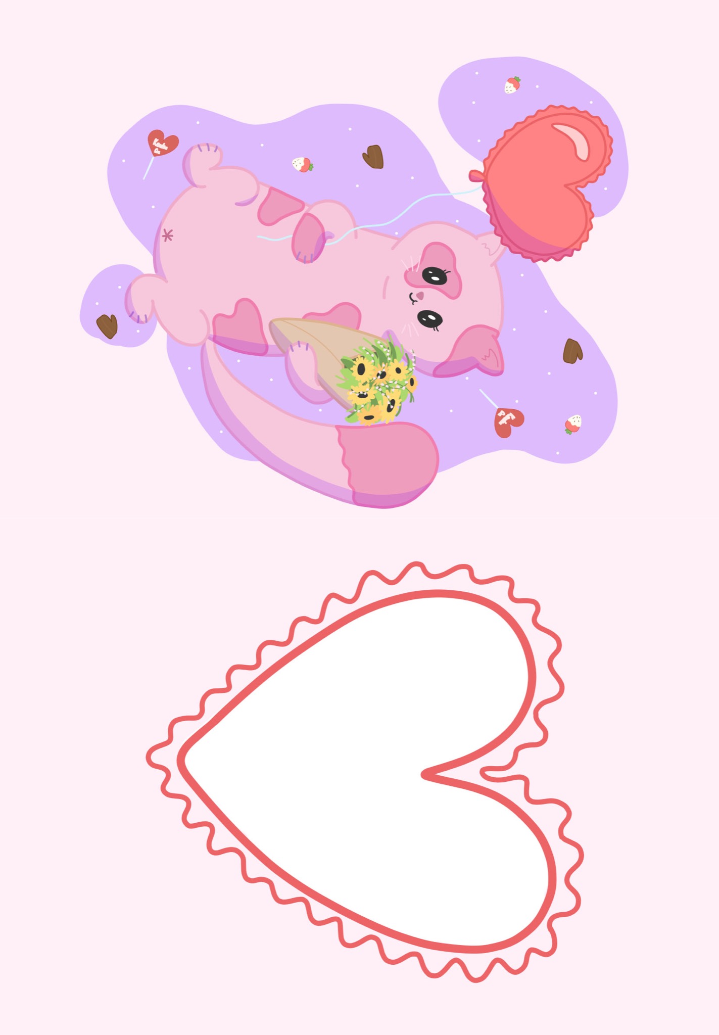 Różowy kotek w kreskówkowym stylu leży na plecach, trzyma bukiet słoneczników i balon w kształcie serca, nad pustą ramką w kształcie serca z ozdobnym brzegiem.