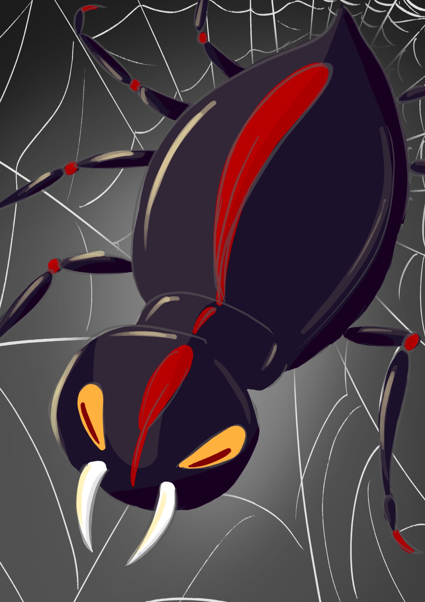 Ilustracja cyfrowa przedstawiająca czarnego pająka z czerwonymi akcentami na tle szaro-białej pajęczyny, z dużymi białymi kłami i żółtymi oczami.