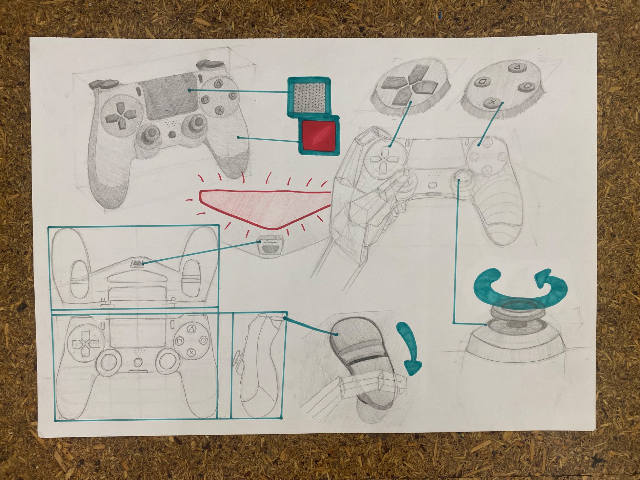 Szkic koncepcyjny kontrolera do gier z detalami technicznymi, widok z różnych perspektyw, z użyciem ołówka i akcentami koloru turkusowego.