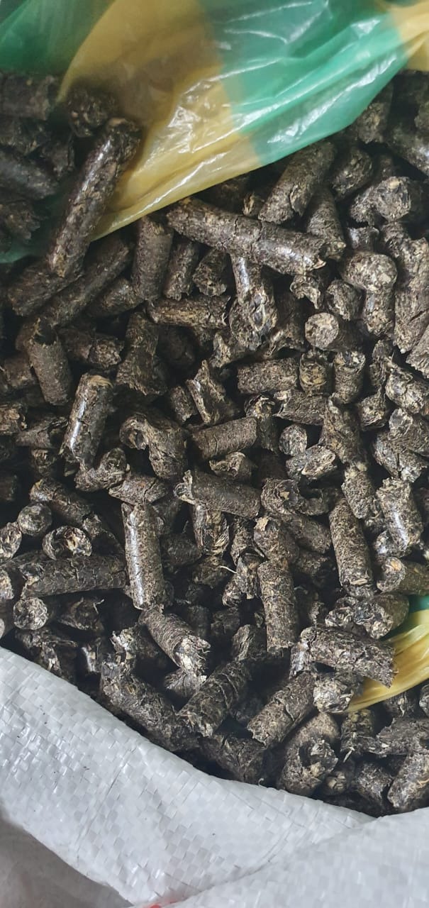 Agropellet w worku z folii, widoczne poszczególne granulki z bliska.