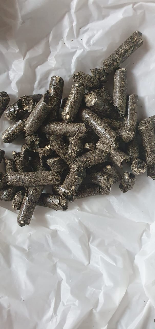 Ciemne, cylindryczne granulki paliwa na pogniecionym, białym papierze, widoczne pęknięcia i struktura materiału.