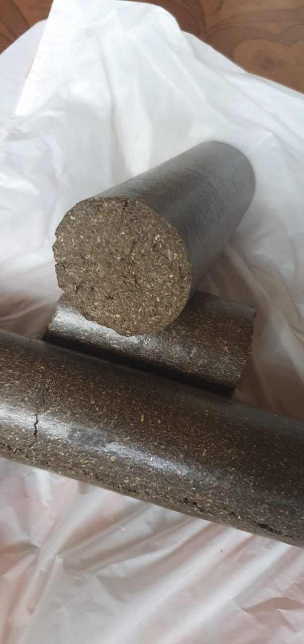 Trzy cylindryczne brykiety z widoczną strukturą włókien, ułożone na białym, pogniecionym podłożu.