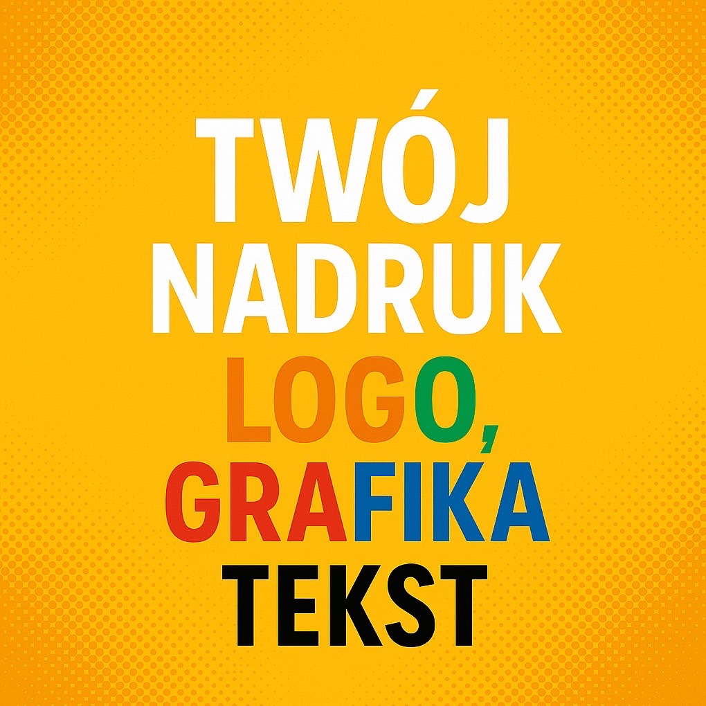 Żółte tło z białym napisem 'TWÓJ NADRUK', pomarańczowym 'LOGO', czerwonym 'GRAFIKA' i czarnym 'TEKST' w stylu retro z efektem rastra.
