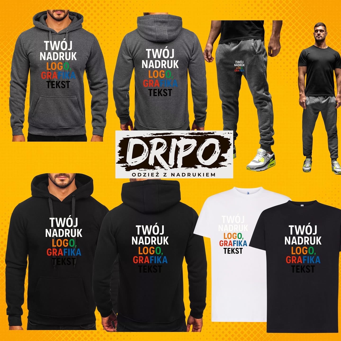 Kolekcja odzieży (bluzy, koszulki, spodnie dresowe) z nadrukami: logo, grafika, tekst. Prezentacja odzieży na modelach i bez. Żółte tło, różne kolory ubrań.
