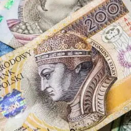 Stos banknotów polskich złotych, z dominującym banknotem 200 zł z wizerunkiem Zygmunta I Starego, ułożonych pod różnymi kątami.