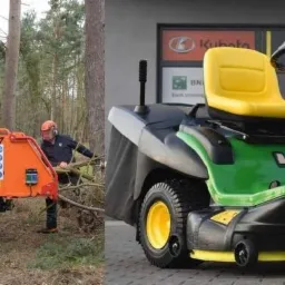 Pomarańczowa rębarka Timberwolf TW 230ST na gąsienicach rozdrabnia gałęzie w lesie, obok stoi zielony traktor John Deere X155R z żółtym siedzeniem, widoczne logo Kubota i Cub Cadet.