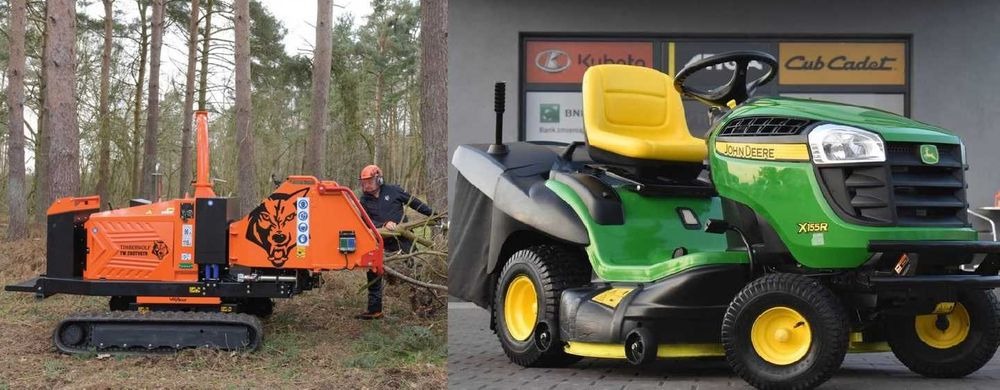 Pomarańczowa rębarka Timberwolf TW 230ST na gąsienicach rozdrabnia gałęzie w lesie, obok stoi zielony traktor John Deere X155R z żółtym siedzeniem, widoczne logo Kubota i Cub Cadet.