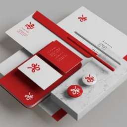 Zestaw materiałów identyfikacyjnych firmy Donald Dumier: wizytówki, papier firmowy, notatnik, dwa przypinki z logo, ułożone na abstrakcyjnym tle z elementami marmuru i czerwieni.