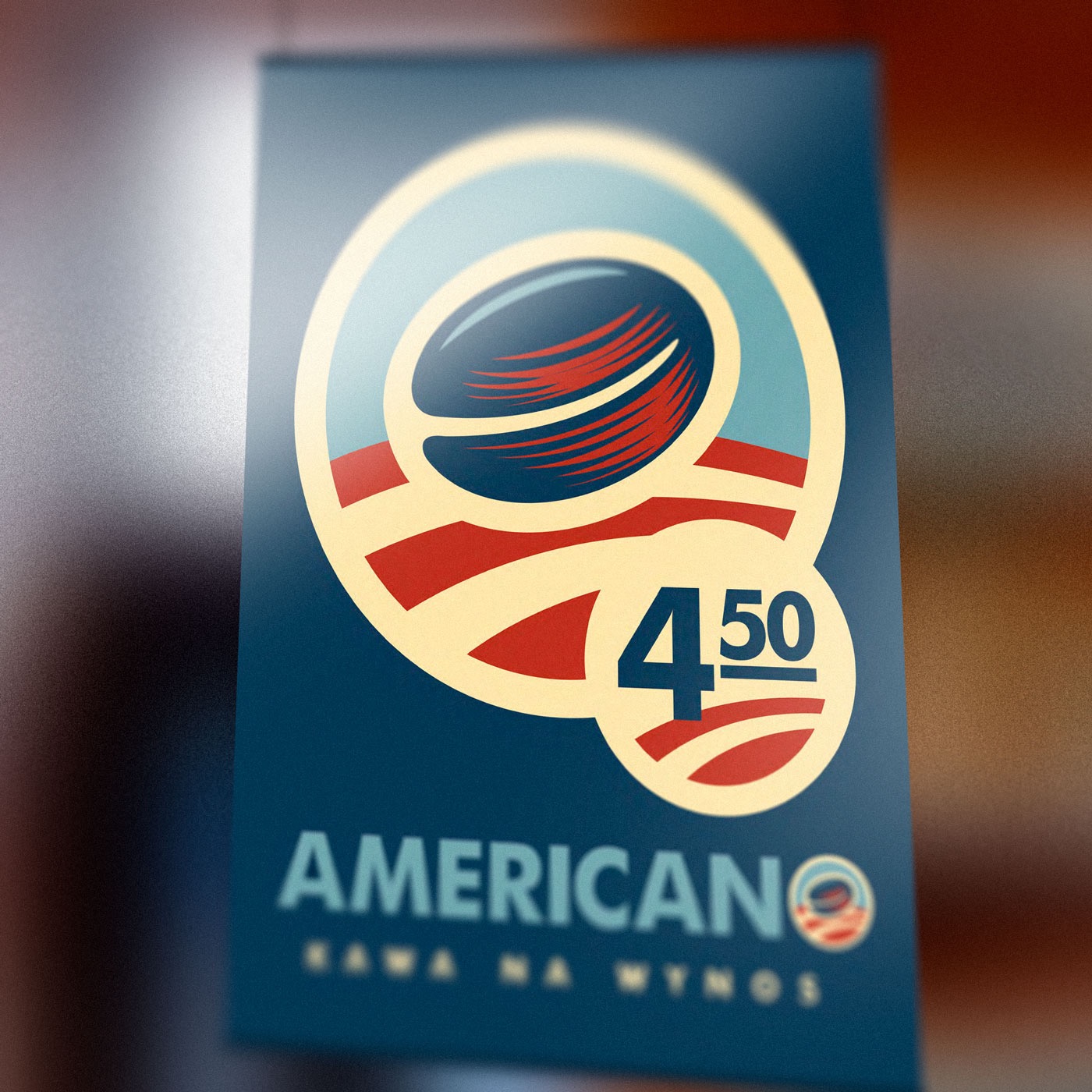 Plakat reklamowy kawy Americano na wynos z graficznym motywem ziarna kawy i ceną 4.50 zł, utrzymany w kolorystyce niebiesko-czerwono-beżowej.