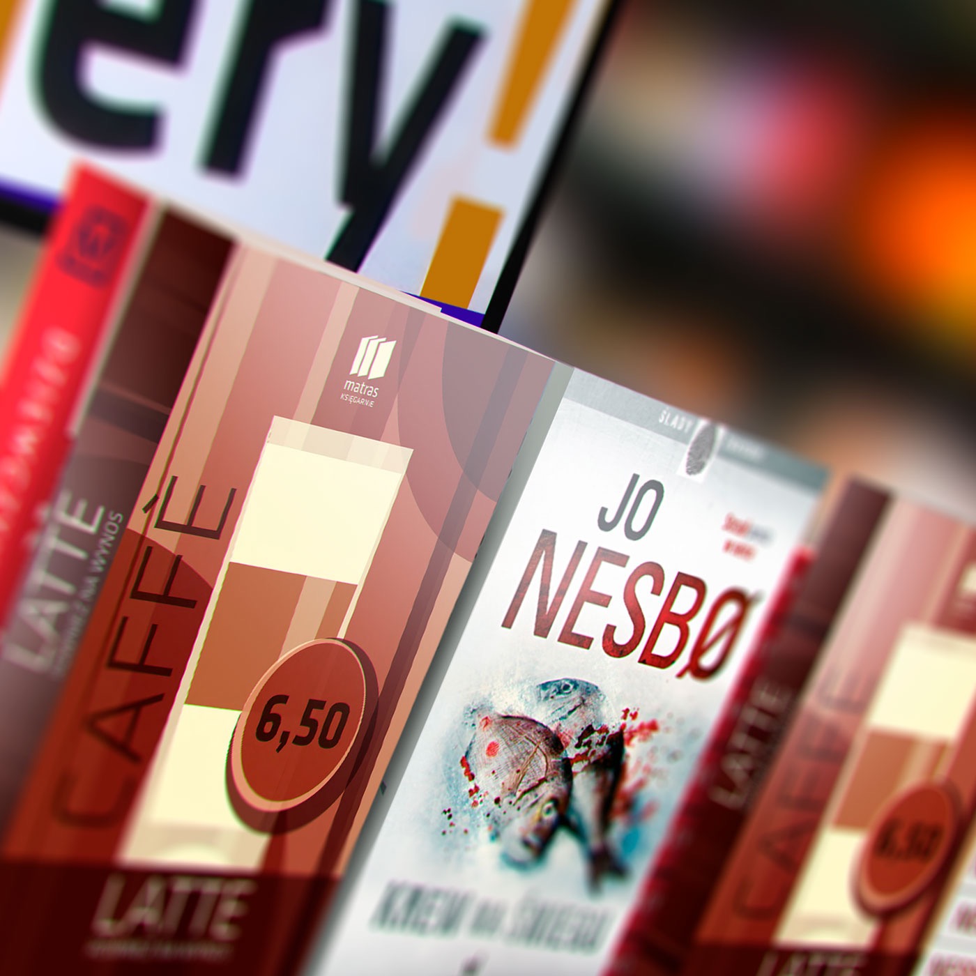 Rząd okładek książek i plakatów z motywami kawy latte i skandynawskiego kryminału Jo Nesbo, z widocznym logo księgarni Matras w tle.