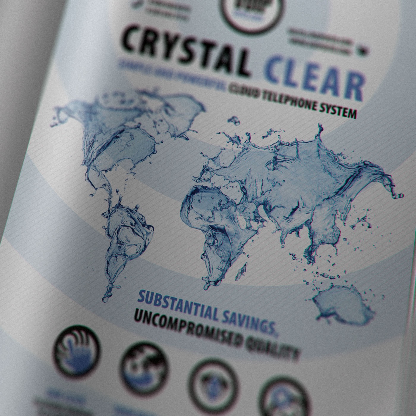 Ulotka reklamowa usługi 'Crystal Clear Cloud Telephone System' z mapą świata utworzoną z rozpryskującej się wody, podkreślająca oszczędności i jakość.