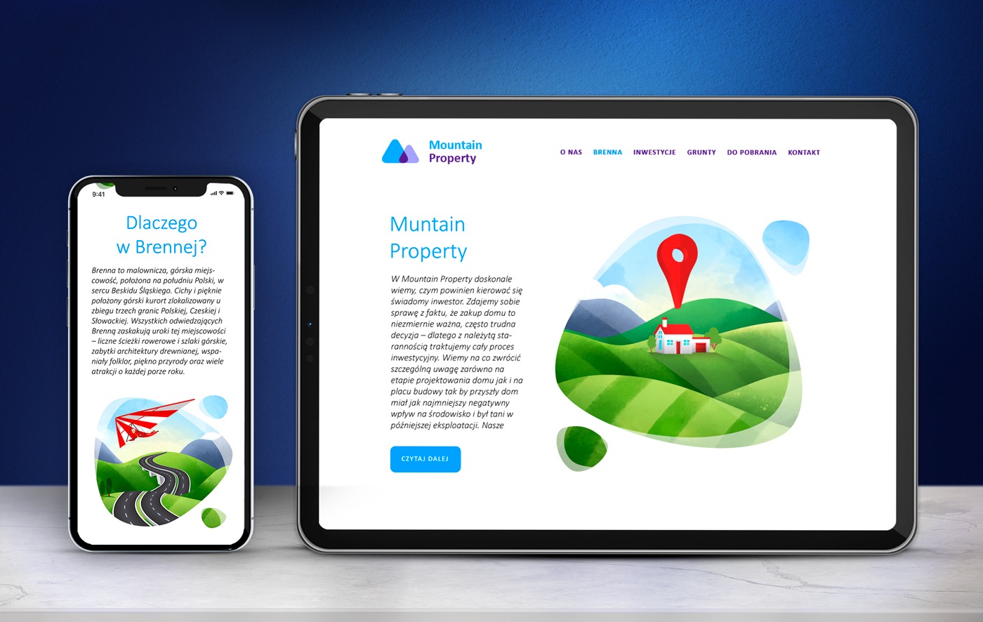 Wyświetlony na tablecie i smartfonie projekt strony internetowej Mountain Property z ilustracją domu w górskim krajobrazie i tekstem o inwestycjach w Brennej.