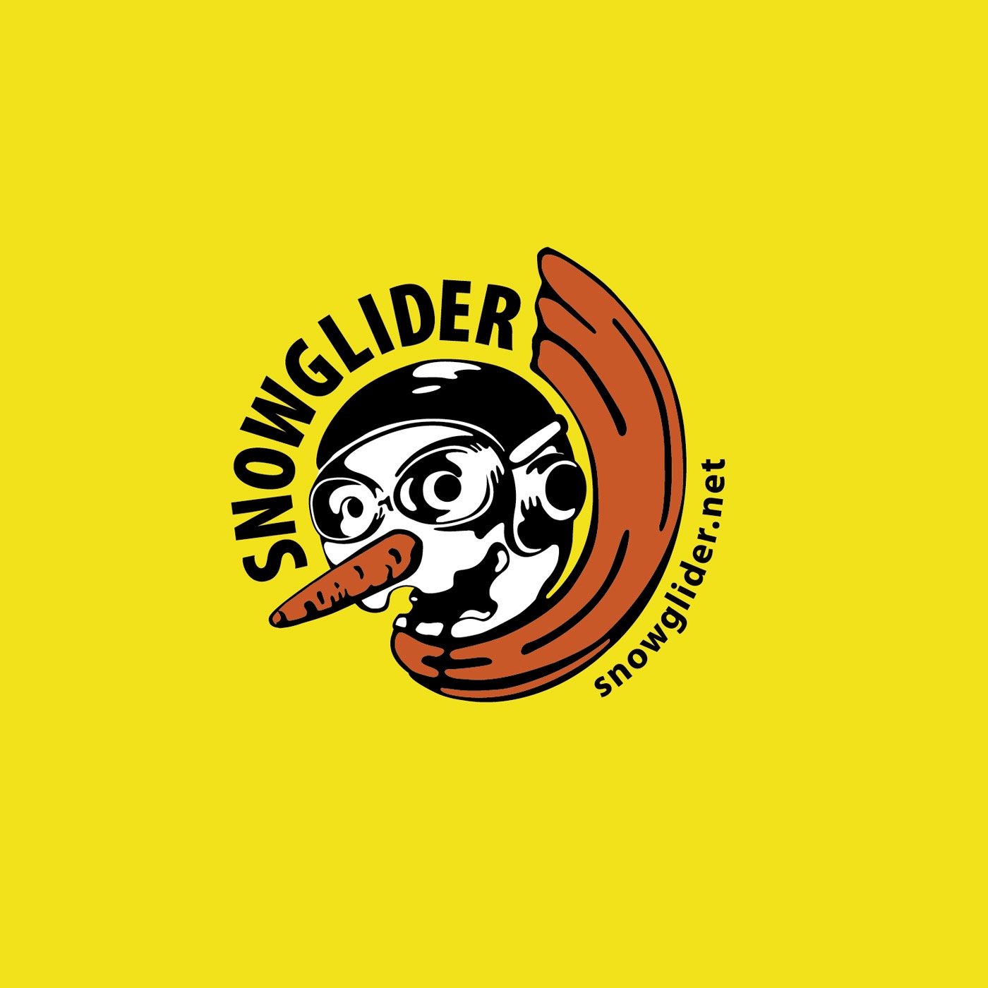 Żółte tło z logo firmy ze Skoczowa przedstawiającym stylizowaną czaszkę bałwana w kasku i goglach, z marchewką zamiast nosa, otoczoną napisem 'SNOWGLIDER' i 'snowglider.net'.