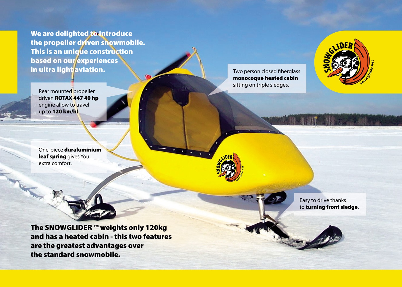 Żółty jednoosobowy snowglider z napędem śmigłowym na śnieżnym polu, widoczne detale konstrukcyjne i logo producenta.