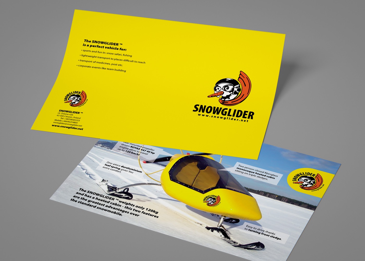 Ulotka reklamowa prezentująca Snowglider, pojazd śnieżny z żółtą kabiną, na tle zaśnieżonego krajobrazu i żółtej karty z informacjami o firmie i zaletach pojazdu.