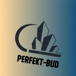 Logo firmy budowlanej Perfekt-Bud z półksiężycem i stylizowanymi budynkami na tle gradientu od beżu do błękitu.