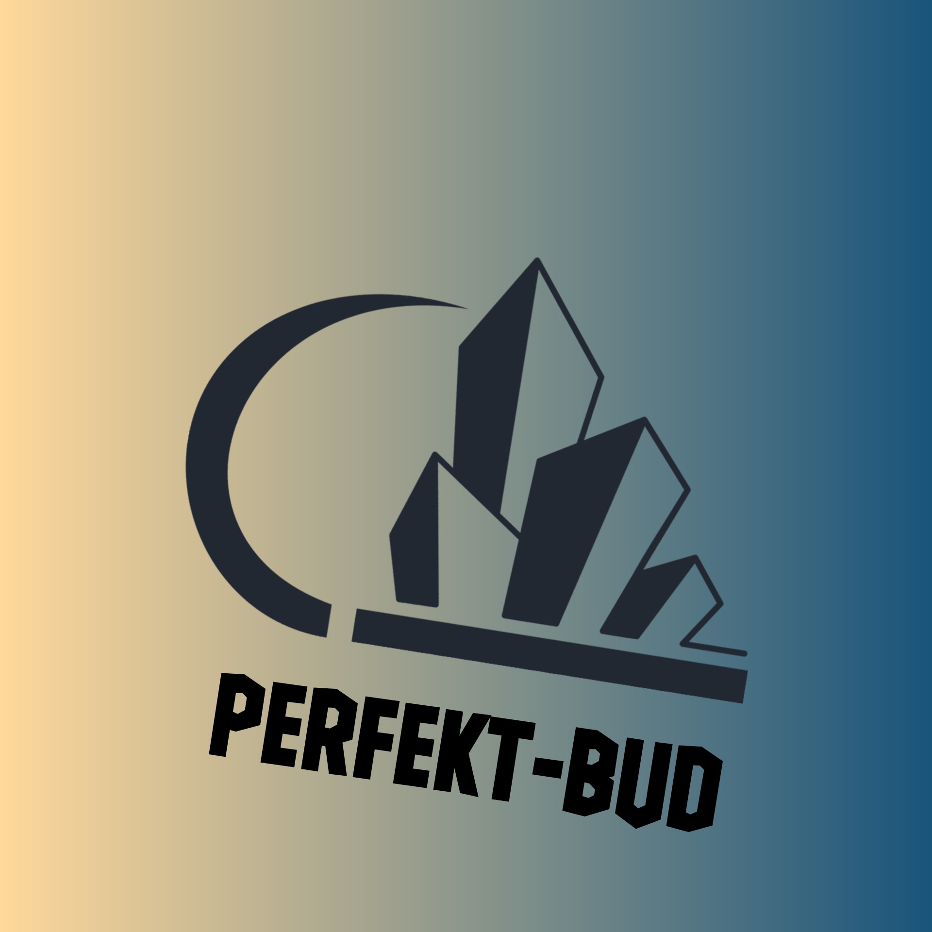 Logo firmy budowlanej Perfekt-Bud z półksiężycem i stylizowanymi budynkami na tle gradientu od beżu do błękitu.