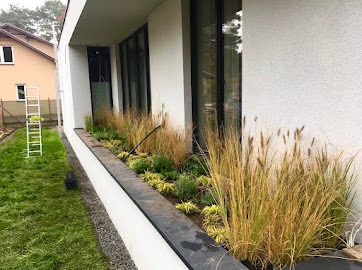 Rabata wzdłuż ściany nowoczesnego domu z ozdobnymi trawami i niskimi roślinami, widoczna trawa z rolki i drabina oparta o ścianę.