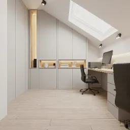 Jasne biuro w skandynawskim stylu na poddaszu ze skośnym sufitem, zabudową meblową z podświetlanymi niszami, biurkiem i ergonomicznym krzesłem.