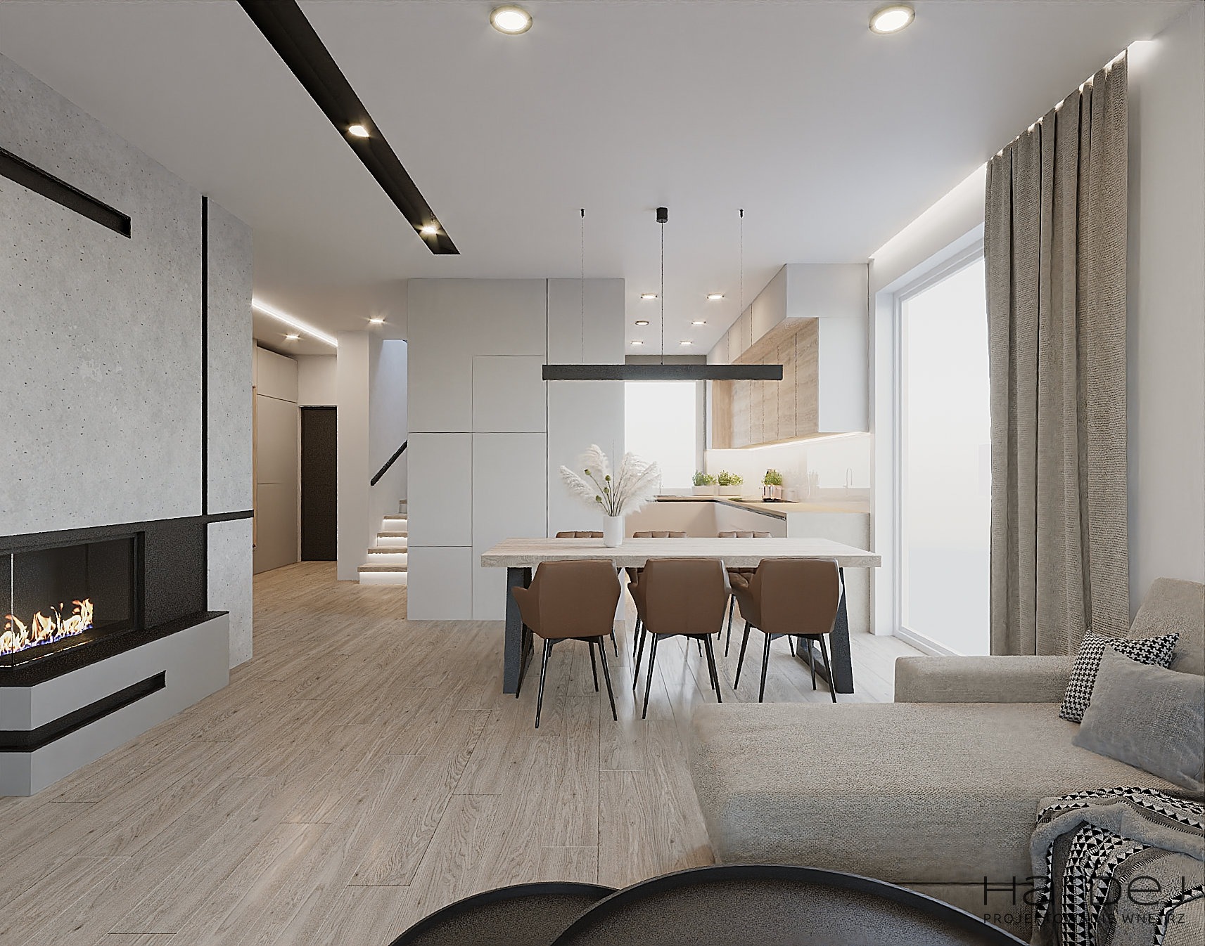 Wizualizacja wnętrza salonu z kominkiem, jadalnią i kuchnią w nowoczesnym stylu, z przewagą bieli i beżu, drewnianą podłogą i minimalistycznym oświetleniem.