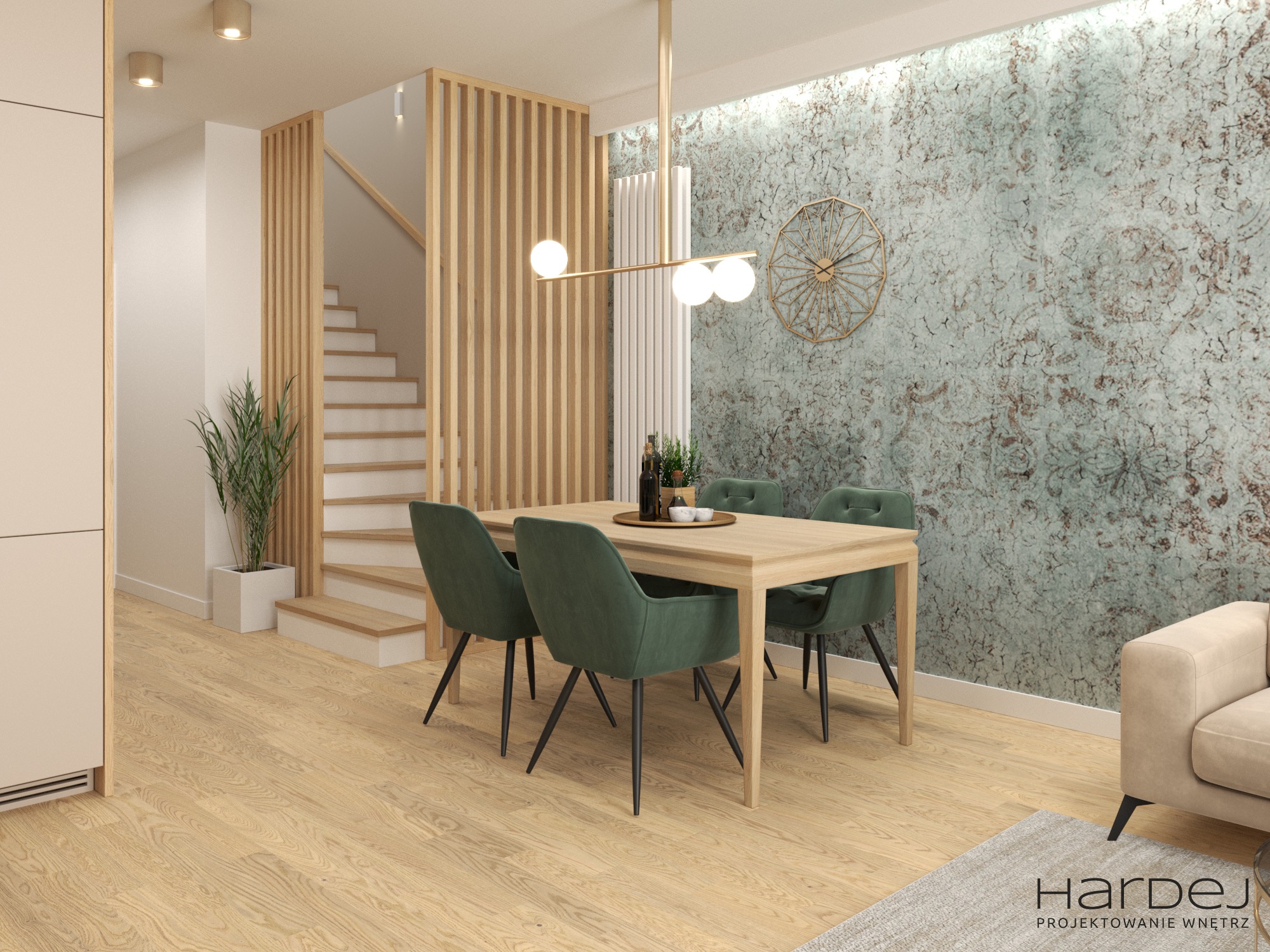 Wizualizacja jadalni z drewnianym stołem i zielonymi krzesłami na tle ściany z dekoracyjnym wzorem, oświetlona nowoczesną lampą wiszącą i z widocznymi schodami w tle.