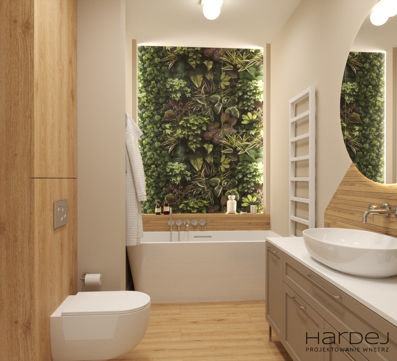 Wizualizacja nowoczesnej łazienki z pionową ścianą zieleni, drewnianymi akcentami i owalnym lustrem, oświetlona ciepłym światłem.