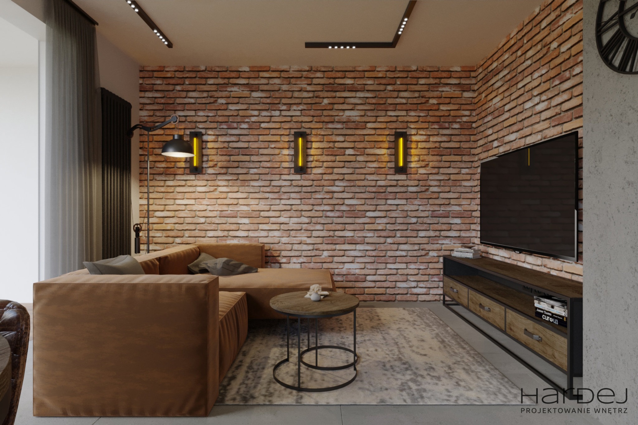 Wizualizacja salonu z ceglaną ścianą, brązową sofą narożną, stolikiem kawowym z drewnianym blatem na metalowej podstawie, szafką RTV i telewizorem, oświetleniem punktowym oraz dywanem w odcieniach...