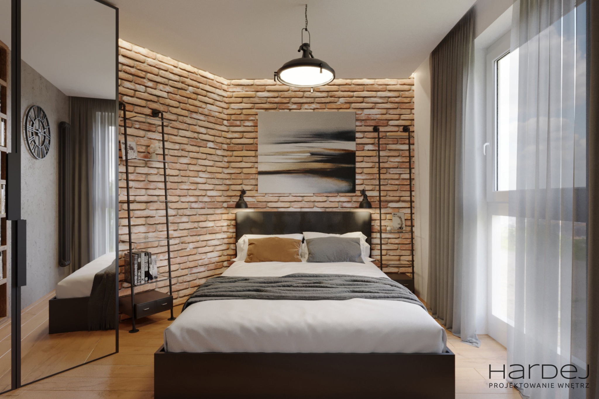 Sypialnia w stylu loft z łóżkiem na tle ściany z cegły, oświetleniem industrialnym i lustrem odbijającym część pokoju.