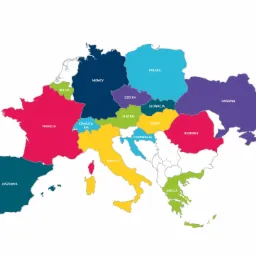 Mapa Europy z zaznaczonymi krajami w różnych kolorach i nazwami w języku polskim.