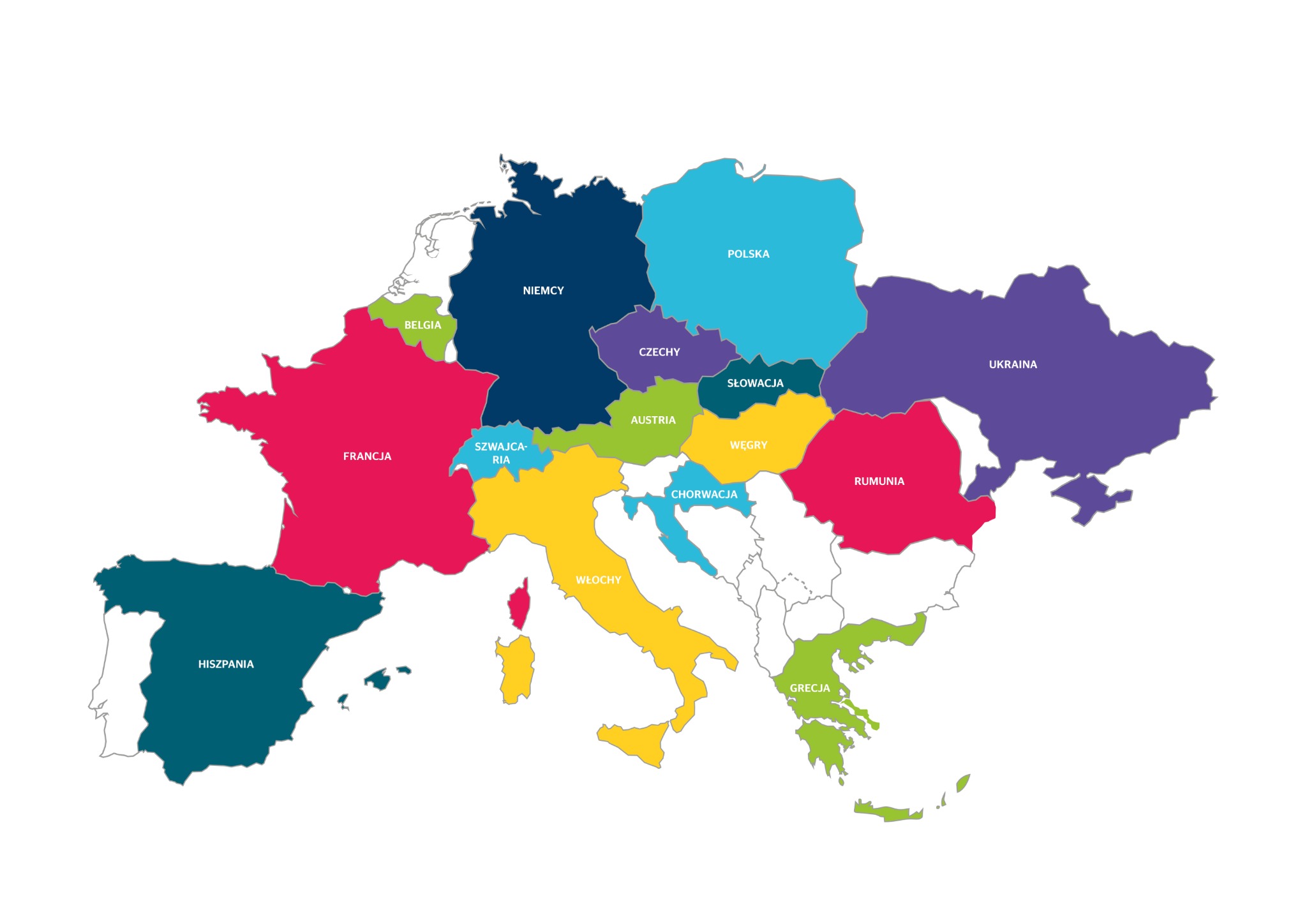 Mapa Europy z zaznaczonymi krajami w różnych kolorach i nazwami w języku polskim.