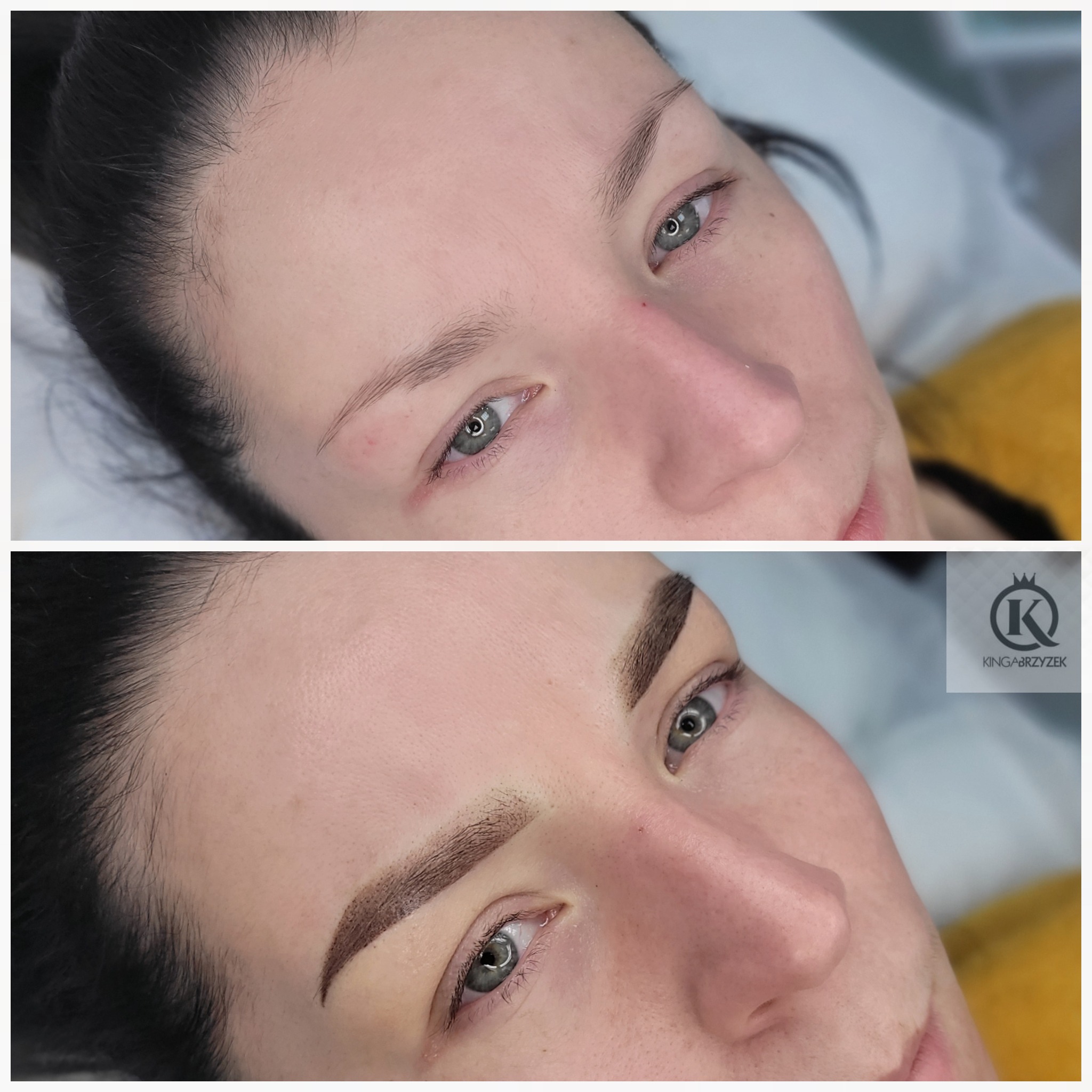 Zbliżenie na twarz kobiety przed i po zabiegu pigmentacji brwi, ukazujące różnicę w kształcie i kolorze, z widocznym logo firmy w prawym dolnym rogu.