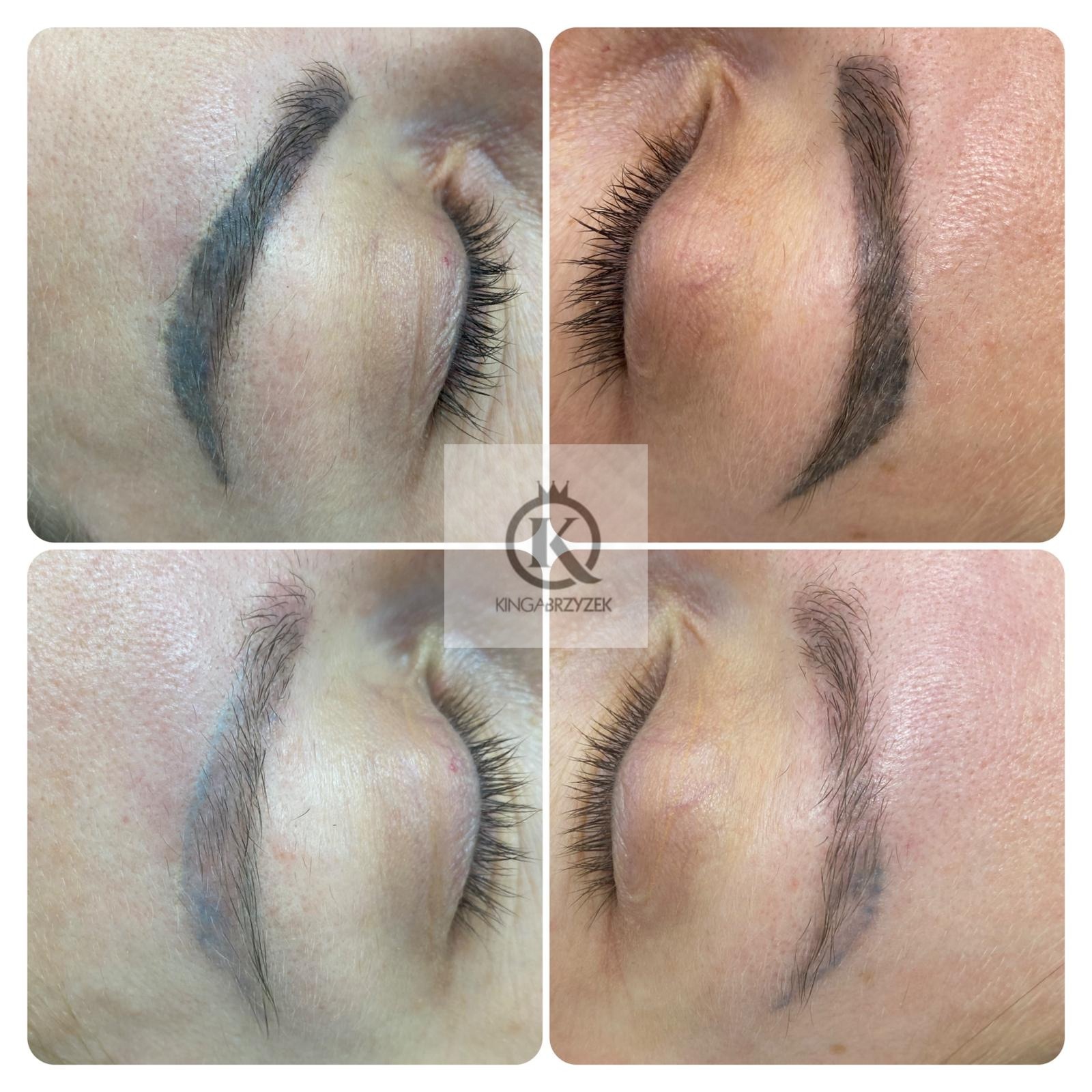 Zbliżenie na oczy i brwi kobiety, prezentujące efekt makijażu permanentnego brwi wykonanego metodą cieniowania, widoczne logo firmy w centralnej części zdjęcia.